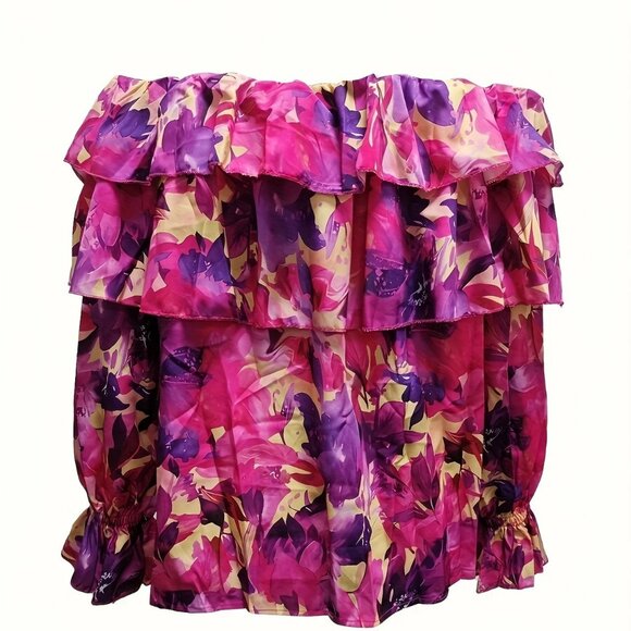 Bright Multicolor Off The Shoulder Tiered Ruffle Blouse - Picture 2 of 5